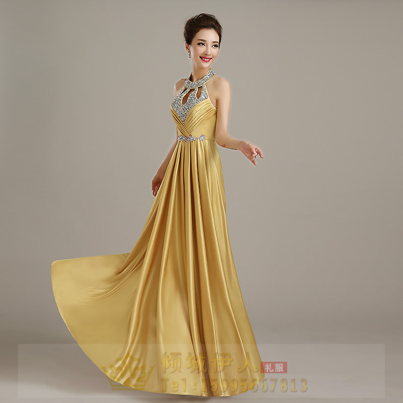 Pre-order ชุดราตรียาว คล้องคอ ผ้าซาติน ตีเกล็ดช่วงอก กระโปรงจับจีบ ปักเลื่อม แต่งเพชร เรียบหรู เซ็กซี่ เชือกผูกหลัง