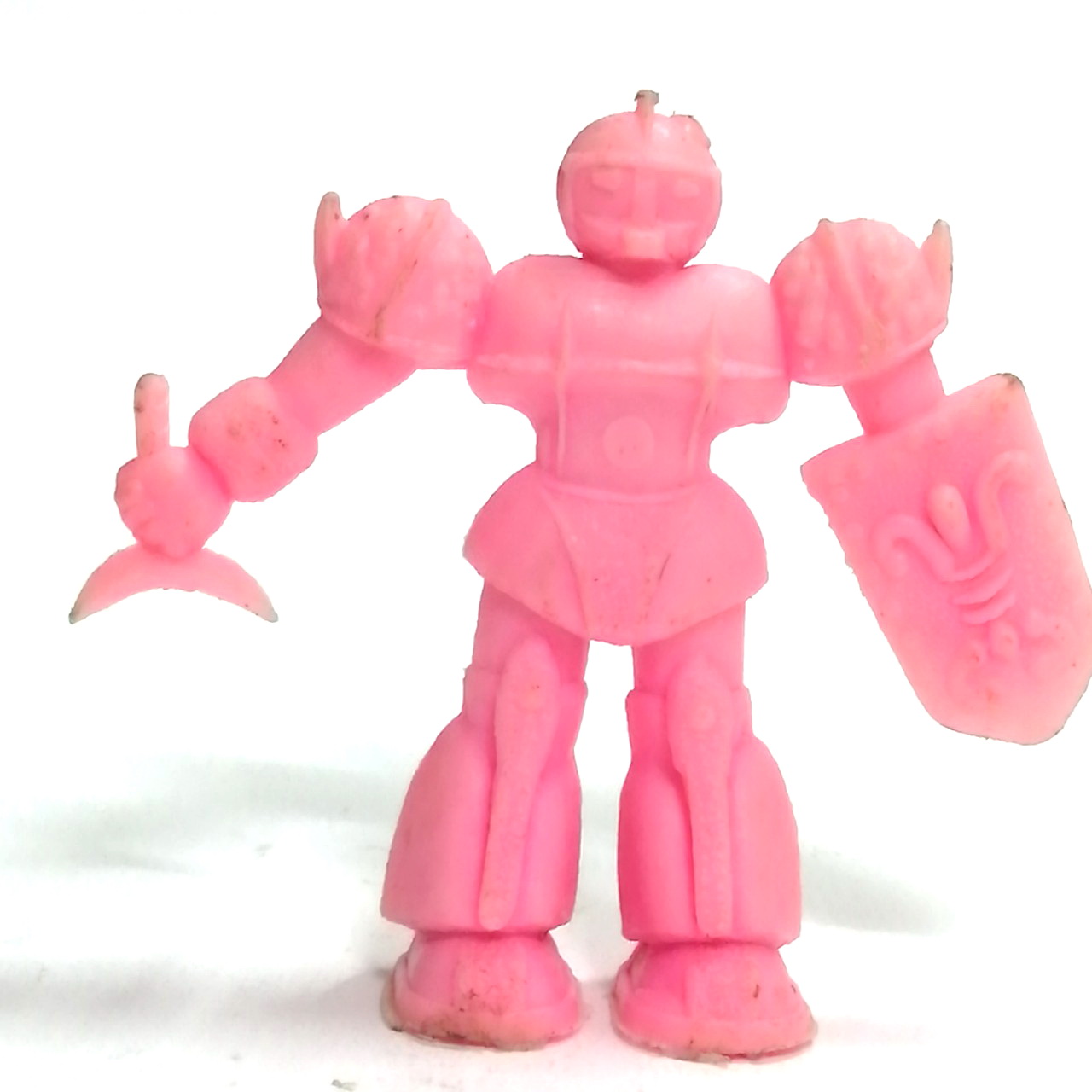 ตุ๊กตุ่นพลาสติก กึ่งแข็งกึ่งอ่อน ขนาด2นิ้ว หุ่นแซค(ซากุ/ZAKU) ตัวร้ายจากกันดั้ม ภาคแรก, สีชมพูนม ขนาดตามรูป งานเก่าเก็บ
