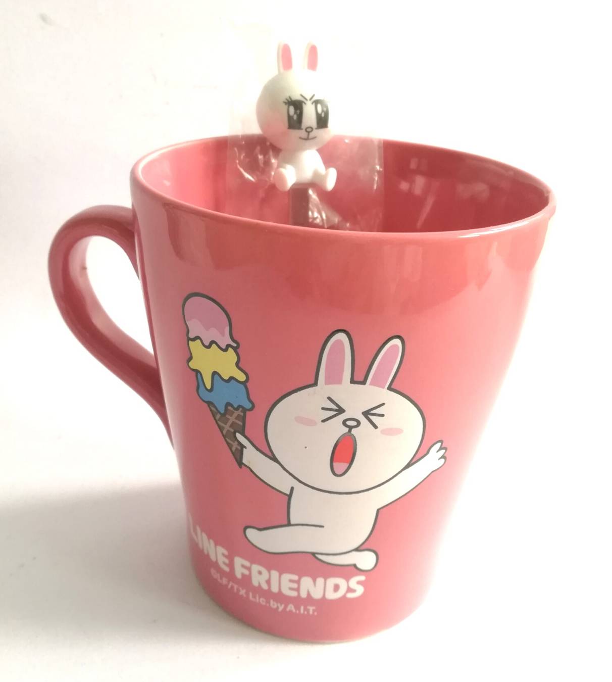แก้วมักเซรามิกสีชมพู ลายตุ๊กตาไลน์ กระต่ายโคนี่ Cony ,Line Friends, พร้อมช้อนหัวโคนี่ และกล่อง ของสะสมจาก7-11