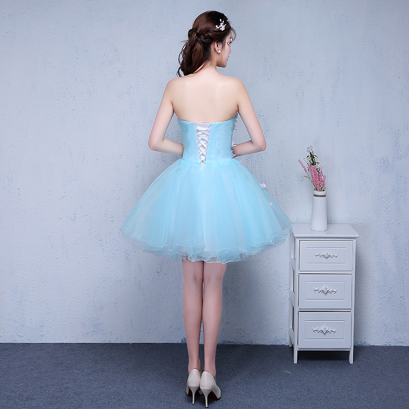 Pre-orderชุดแฟนซีชุดราตรีสั้นเกาะอกกระโปรงผ้าแก้วแต่งดอกไม้สไตล์เจ้าหญิง