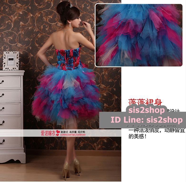 พร้อมเช่า ชุดแฟนซี ชุดราตรีสั้น เกาะอก แต่งช่วงอกสวยงาม กระโปรงเป็นชั้น ๆ