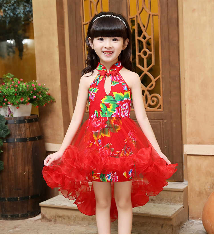 Pre-order ชุดราตรีเด็ก ชุดออกงาน ชุดกระโปรง แบบคล้องคอ คอจีน กระโปรงตาข่าย หน้าสั้นหลังยาว