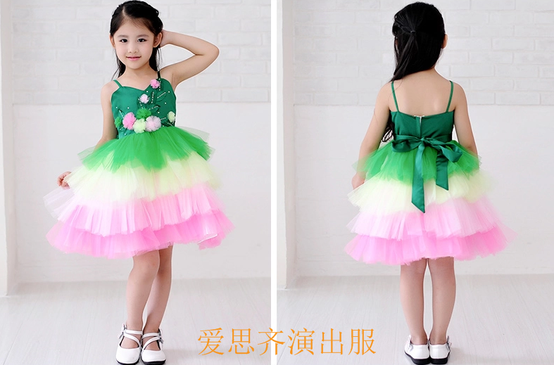 Pre-order ชุดแฟนซี ชุดแสดง ชุดกระโปรง เกาะอกสายเดี่ยว แต่งใบไม้ ดอกไม้ ช่วงอก กระโปรงตาข่ายหลากสีเป็นชั้น ๆ