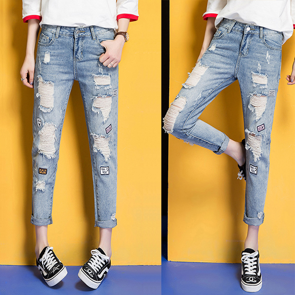 กางเกงยีนส์ขายาวแปดส่วน แต่งปะขาดแนวเซอร์ (11791X)