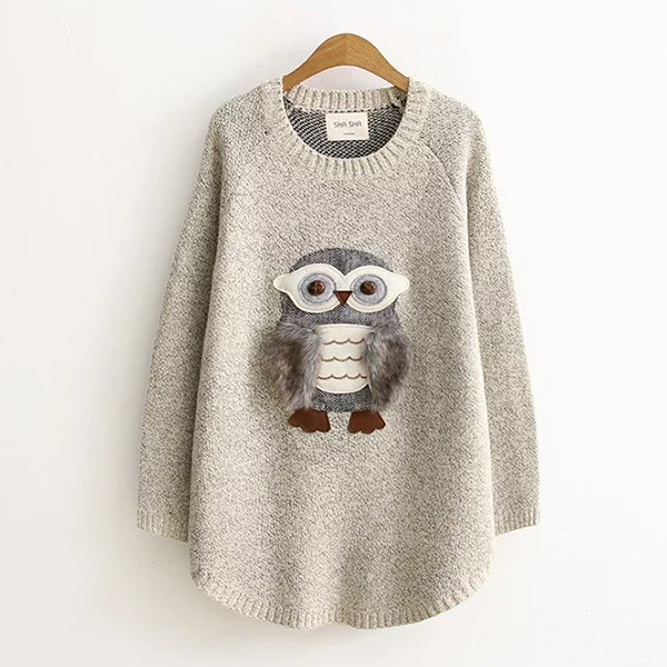 เสื้อไหมพรมกึ่งวูลผ้าหนานุ่ม แต่งลายนกฮูกแบบนูนน่ารัก (11705LM)