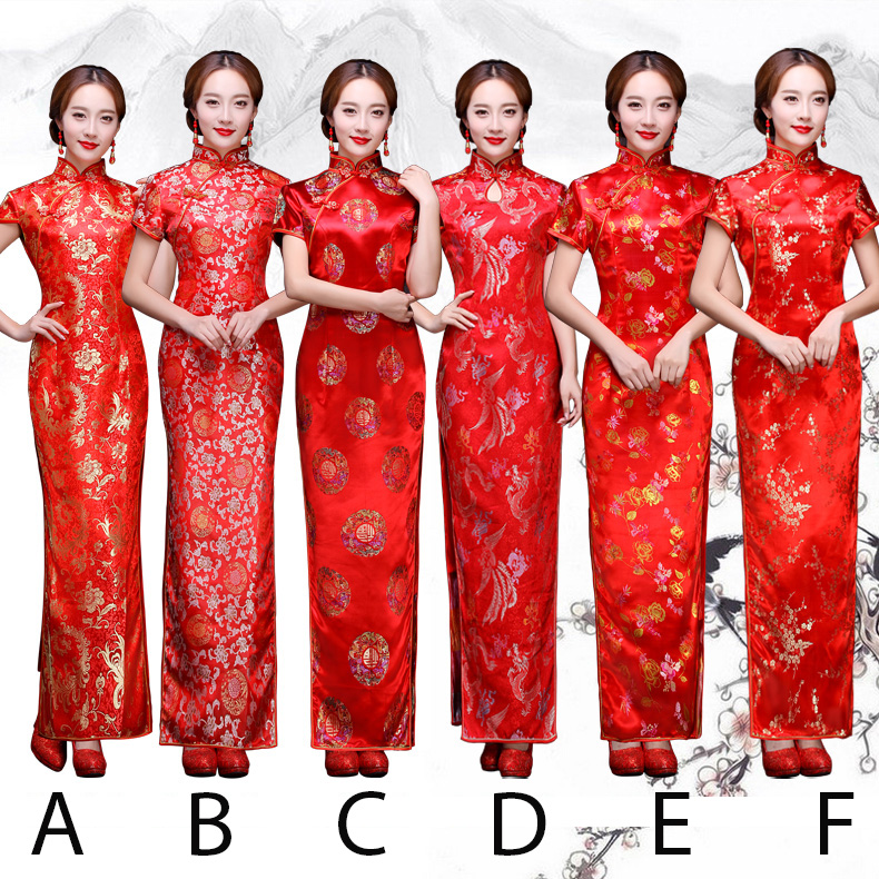 กี่เพ้า สีแดง ผ้าไหมจีน ทอลายดอกไม้ กุ๊นขอบ ตัดเย็บอย่างดี