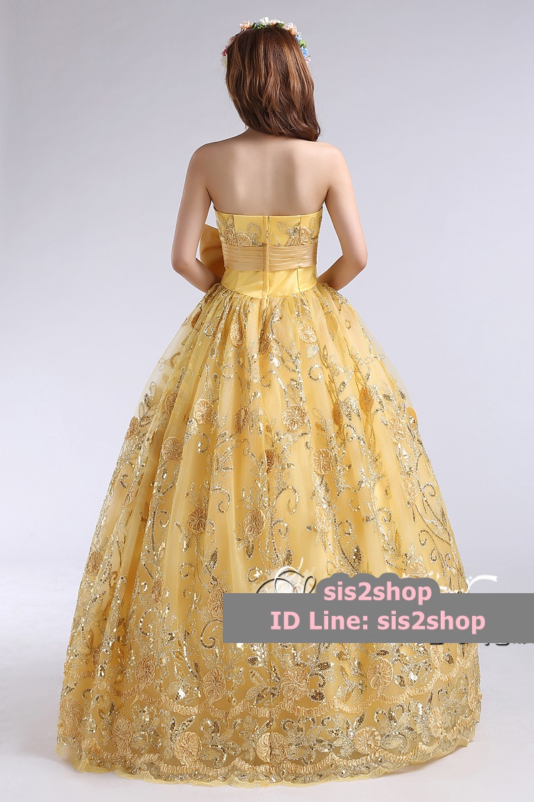 พร้อมเช่า ชุดแฟนซี ชุดราตรี สีเหลือง ลูกไม้ปักทั้งตัว แต่งโบว์ที่เอว (เชือกผูกหลัง)