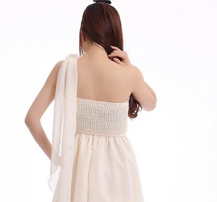 พร้อมส่ง ชุดเดรสสั้น เกาะอก ไหล่เดียว จับสม๊อกด้านหลัง