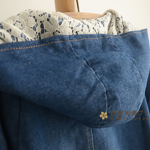 เสื้อแจ็คเก็ตยีนส์กันหนาว มีฮู้ดแต่งผ้าลูกไม้วินเทจ (11826LM)