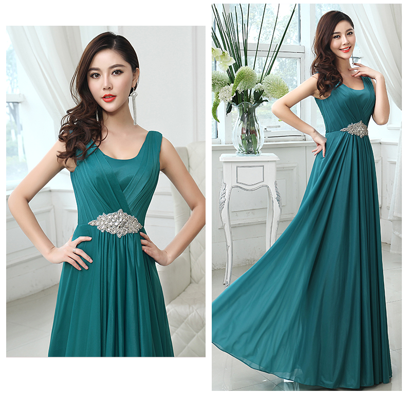 Pre-order ชุดราตรียาว แขนกุด จับจีบ ผ้าชีฟอง แต่งเพชรที่เอว ซิปหลัง