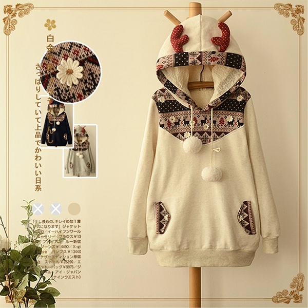 เสื้อสเวตเตอร์กันหนาวแต่งปักไหมพรม ฮู้ดแต่งหูกวางน่ารัก (11304LM)