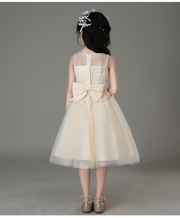 Pre-order ชุดราตรีเด็ก ชุดออกงาน ชุดกระโปรง สไตล์เจ้าหญิง แขนกุด คอกลม ผ้าลูกไม้ กระโปรงตาข่าย แต่งโบว์ด้านหลัง มีซิป