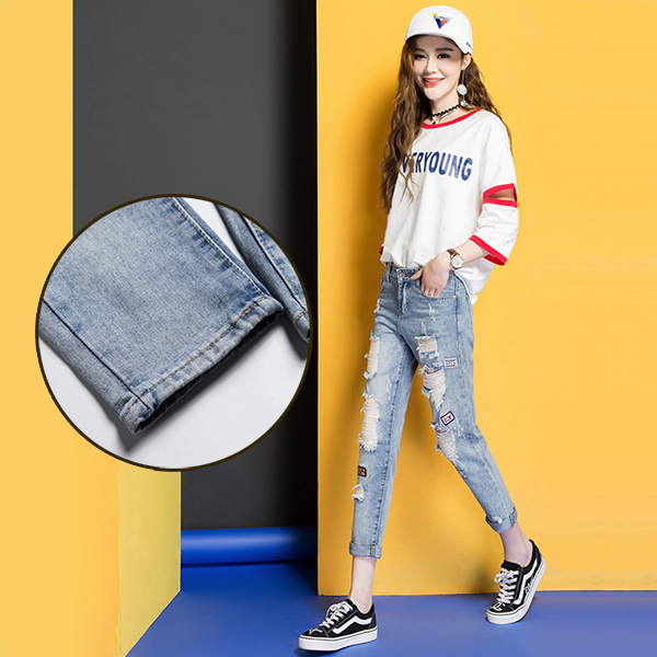 กางเกงยีนส์ขายาวแปดส่วน แต่งปะขาดแนวเซอร์ (11791X)