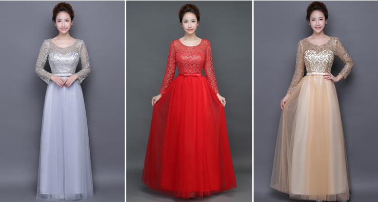 Pre-order ชุดราตรียาว แขนยาว คอกลม ช่วงบนผ้าโปร่ง แต่งกากเพชร แต่งโบว์คาดเอว ซิปหลัง ไซส์ใหญ่ XS-4XL