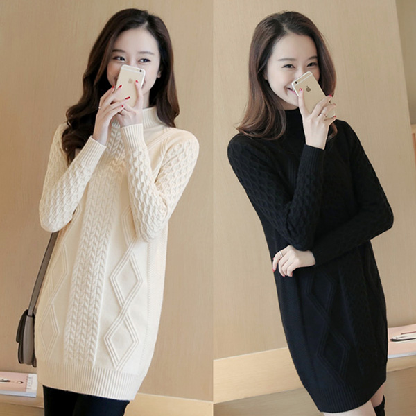 เสื้อไหมพรมคอเต่าตัวยาว แขนยาว ถักลายนูน (11994B)
