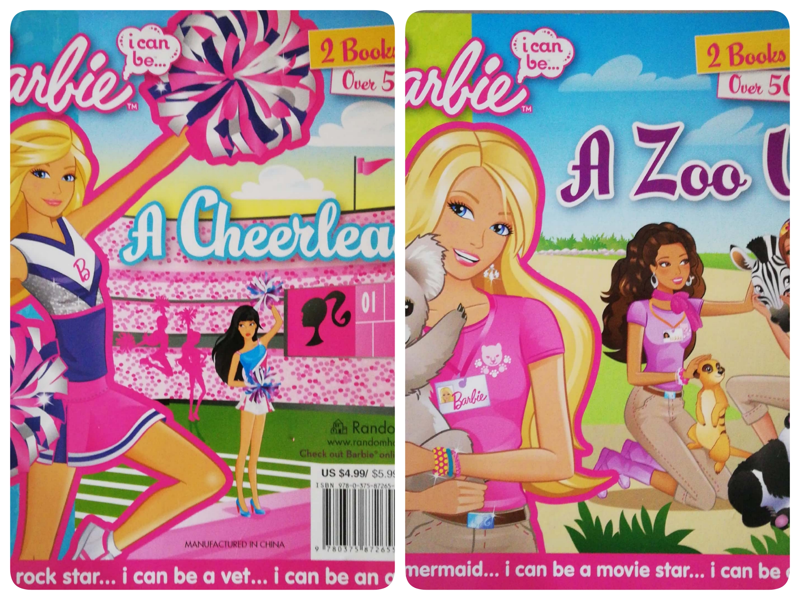 หนังสือนิทานแบบ2เรื่องใน1เล่ม, บาร์บี้ **ปกมีรอยด้านล่างตามภาพ Barbie i can be... 2 Books in 1! A Cheerleader,ฉบับภาษาอังกฤษ มีสติ๊กเกอร์ให้เล่นมากกว่า 50 แบบ/ , i can be a rock star... i can be a vet... i can be an astronaut.. ครึ่งหลังA Zoo Vet Barbie i