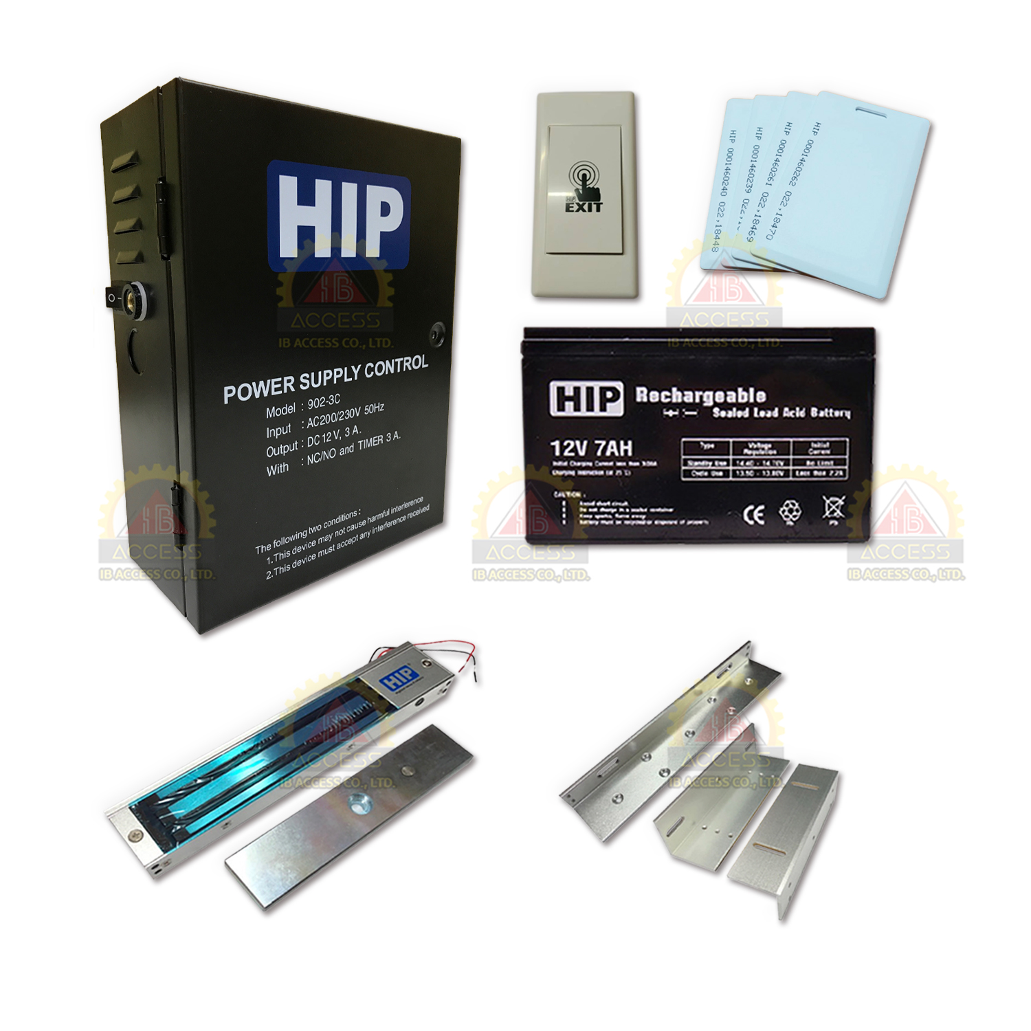 ชุดอุปกรณ์ระบบ Access Control ยี่ห้อ HIP (902-3C + Magnetic Lock) สำหรับประตูกระจกขอบอลูมิเนียม , ประตูไม้ แบบผลักเข้าทางเดียว