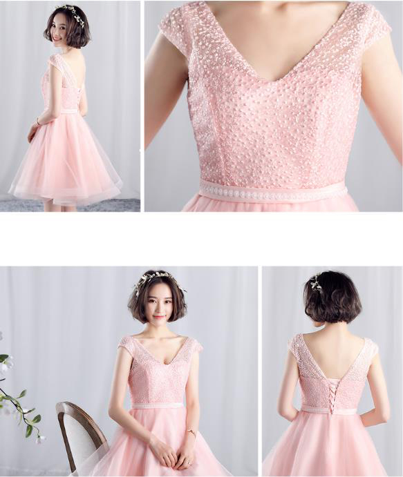 ชุดราตรีสั้น ชุดเพื่อนเจ้าสาว กระโปรงตาข่าย มีหลายแบบ สีชมพู (เชือกผูกหลัง)