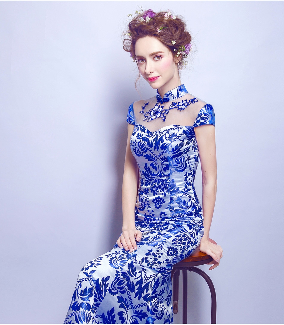 Pre-order ชุดแฟนซี ชุดราตรียาว คอจีน สีน้ำเงิน ทรงหางปลา สวยหรู