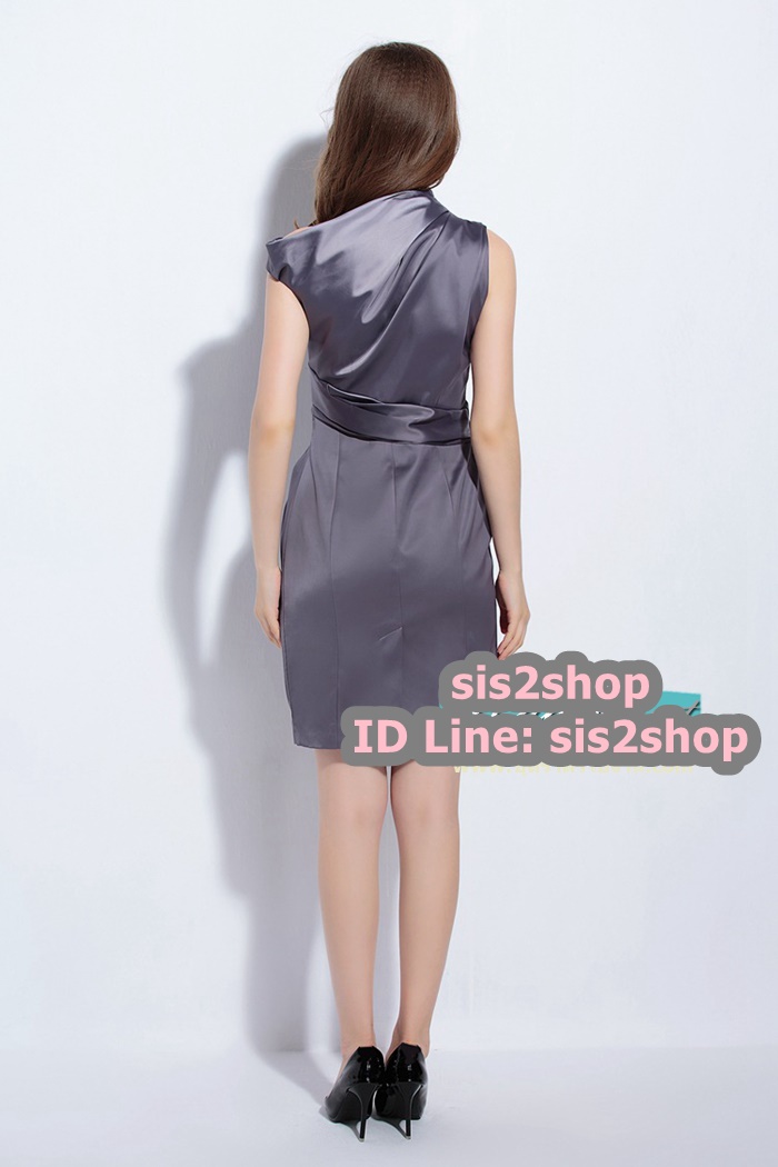 พร้อมส่ง ชุดเดรส/ชุดออกงาน บ่าเฉียงปิดแขนนิดๆ PATTERN หรู สีเทาเข้ม (ซิปข้างลำตัว) **เหลือเฉพาะไซส์ XL**