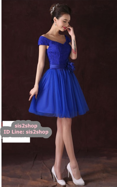 พร้อมส่ง ชุดราตรีสั้น ชุดเพื่อนเจ้าสาว แบบ F ไหล่ปาด อกแต่งลูกไม้ พร้อมเข็มกลัดดอกไม้ (เชือกผูกหลัง