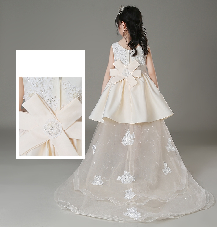 Pre-order ชุดราตรีเด็ก ชุดออกงาน ชุดกระโปรง สไตล์เจ้าหญิง แขนกุด คอวี แต่งดอกไม้ ปักเลื่อม แต่งมุก กระโปรงเป็นชั้น ๆ มีซิปหลัง