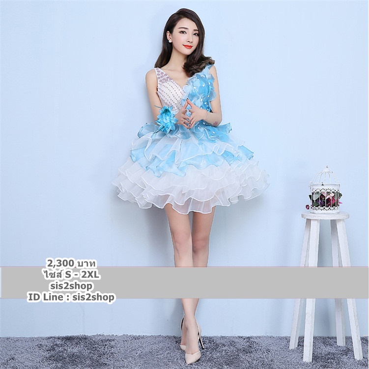 Pre-orderชุดแฟนซีชุดราตรีสั้นแขนกุดสีฟ้าขาวแต่งดอกไม้กระโปรงระบายเป็นชั้นๆ