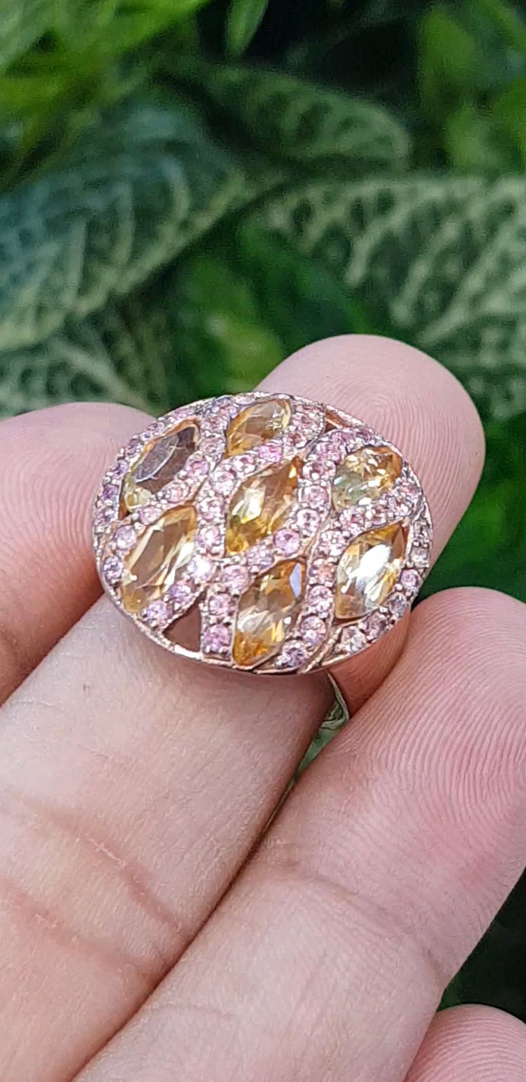 แหวน พลอยซิทรีน Citrine Silver Ring (Size) 55 ตัวเรือนเงิน ชุบทอง ประดับด้วยพิ้งแซฟไฟร์ เพชร CZ คัดคุณภาพ