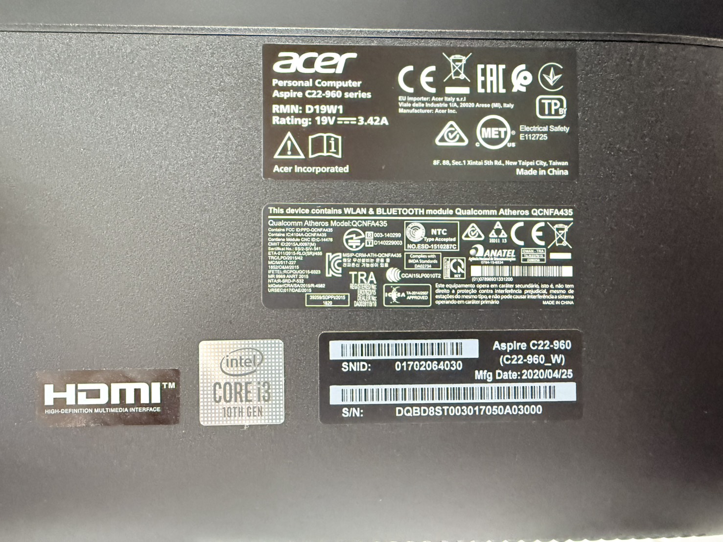 PC AIO Acer Aspire C22-960 AIO(i3-10110U/8GB/M.2 128GB/HDD 1TB)+Adapter