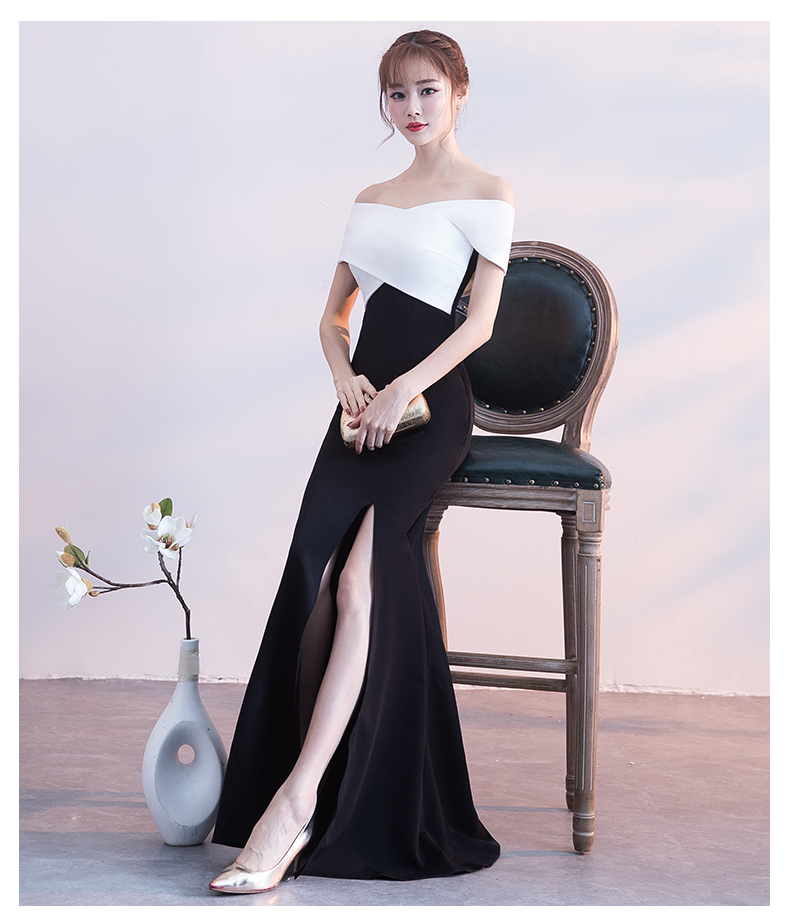 ชุดราตรียาวแบบไหล่ปาดสีทูโทน ทรงเข้ารูป แบบเก๋ (ซิปหลัง)