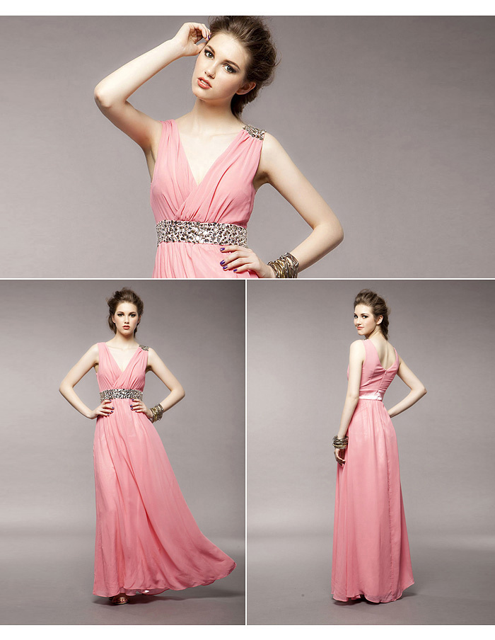 Pre-order ชุดราตรียาว แขนกุด คอวีลึก แต่งเพชรที่เอวกับไหล่ ผ้าชีฟองกระโปรง 2 ชั้น ซิปซ่อน