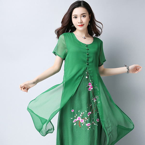 เดรสยาวผ้าฝ้ายญี่ปุ่นปักลายดอก ชายพริ้วสวย (11811M)