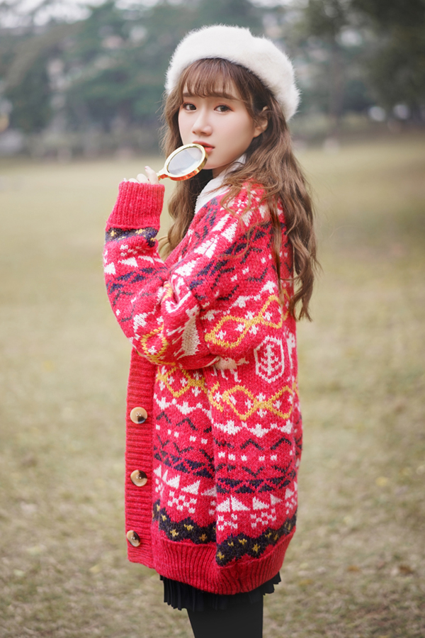 CARDIGAN เสื้อคลุมไหมพรมคอวี ผ้าหนานุ่มถักลายวินเทจ (12271B)