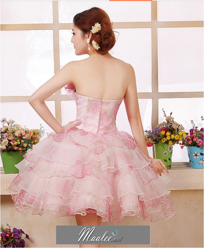 พร้อมเช่า ชุดแฟนซี ชุดราตรีสั้น เกาะอก ผ้าแก้ว แต่งดอกไม้สามมิติ สีขาว+แดง ซิปหลัง