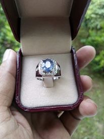 แหวน พลอย ไพลิน Blue Sapphire Silver Ring 3.0 กะรัต (Cts.) เผาใหม่ size 53