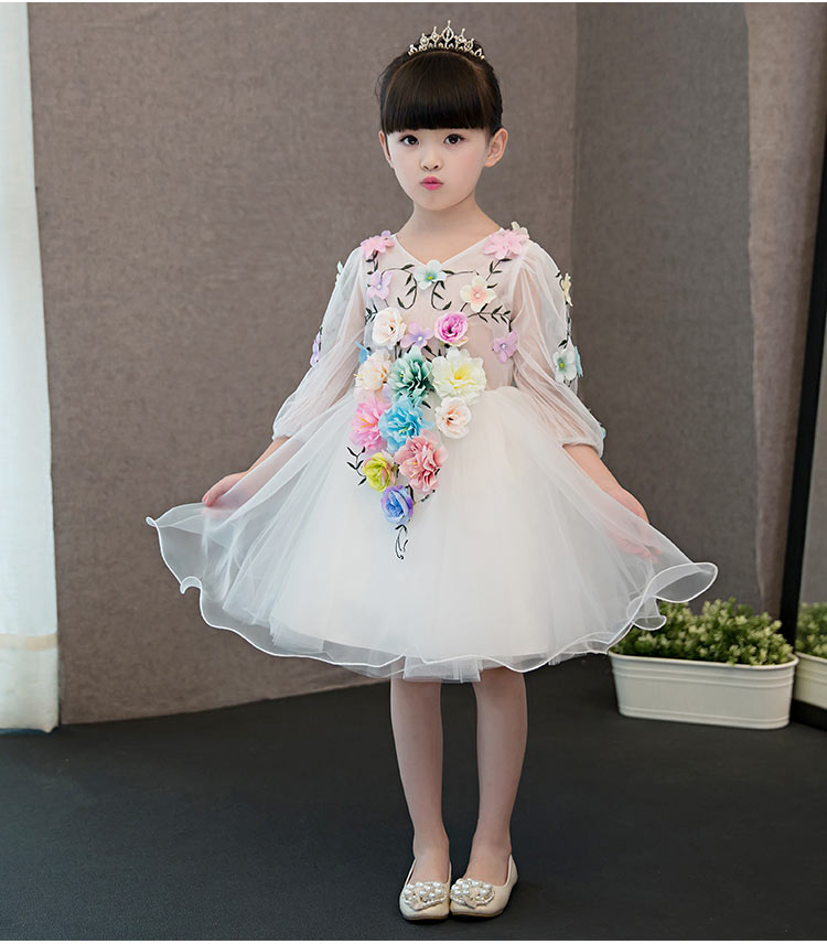 Pre-order ชุดแฟนซี ชุดกระโปรง แขนยาว แต่งดอกไม้สามมิติหลากสี กระโปรงผ้าแก้ว ซิปหลัง