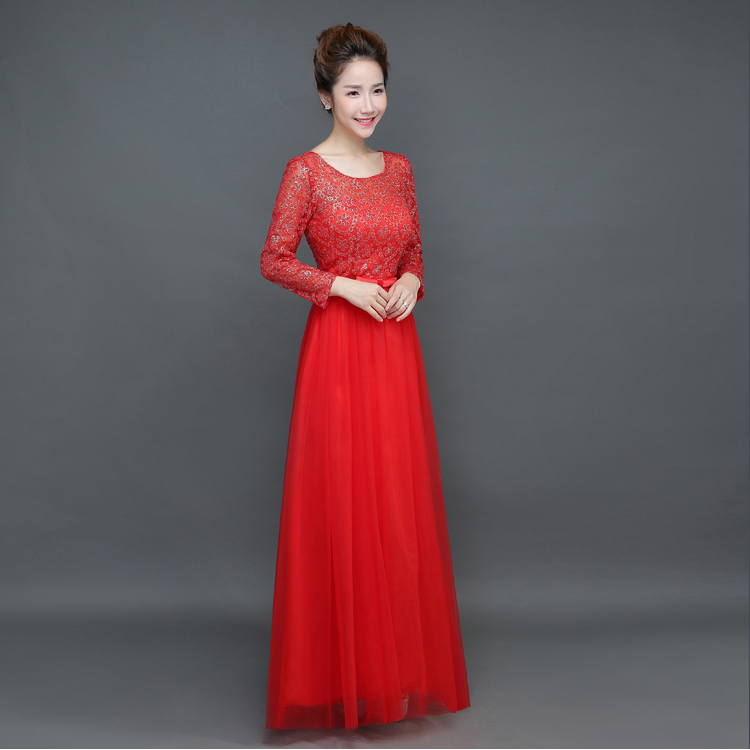 Pre-order ชุดราตรียาว แขนยาว คอกลม ช่วงบนผ้าโปร่ง แต่งกากเพชร แต่งโบว์คาดเอว ซิปหลัง ไซส์ใหญ่ XS-4XL