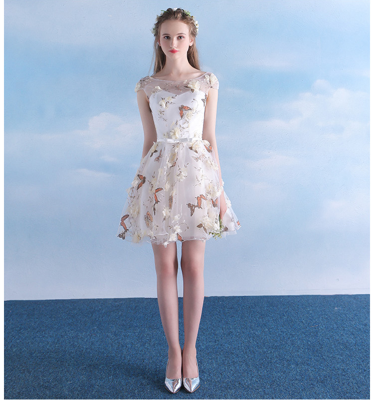 Pre-order ชุดราตรีสั้น ชุดเพื่อนเจ้าสาว ตกแต่งด้วยลายดอกไม้ทั้งชุด กระโปรงผ้าแก้ว สีชมพู สีครีมแชมเปญ สีม่วง (เชือกผูกหลัง)