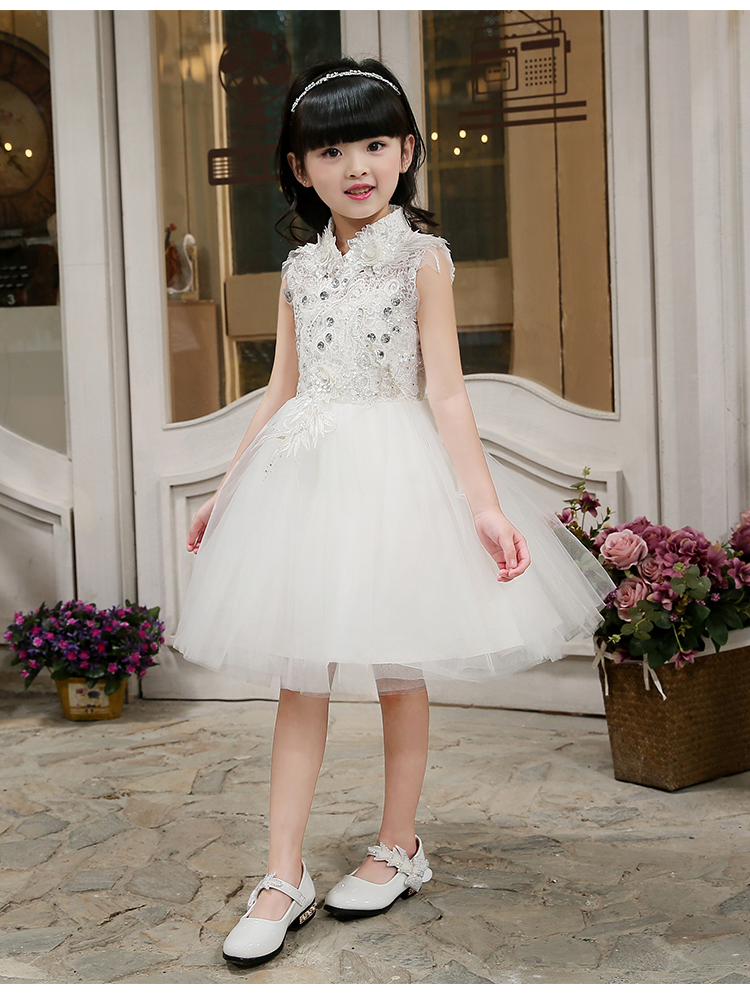 Pre-order ชุดราตรีเด็ก ชุดออกงาน ชุดกระโปรง แขนกุด คอจีน แต่งดอก แต่งเพชรช่วงอก กระโปรงตาข่าย ซิปหลัง