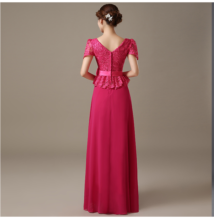 Pre-order ชุดราตรียาว แขนสั้น คอวี ผ้าลูกไม้ แต่งโบว์คาดเอว กระโปรงชีฟอง ซิปหลัง มีไซส์ใหญ่