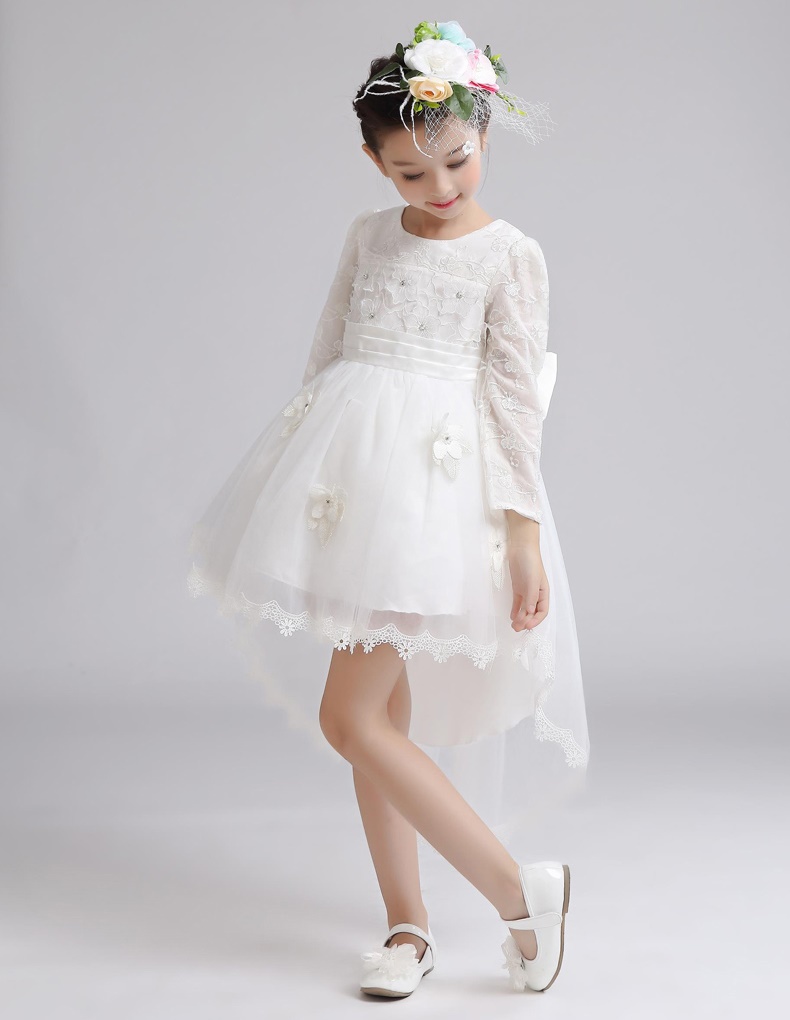 Pre-order ชุดราตรีเด็ก หน้าสั้นหลังยาว แขนยาว ผ้าลูกไม้ กระโปรงตาข่าย ปักเลื่อม แต่งดอกไม้ แต่งโบว์ ซิปหลัง