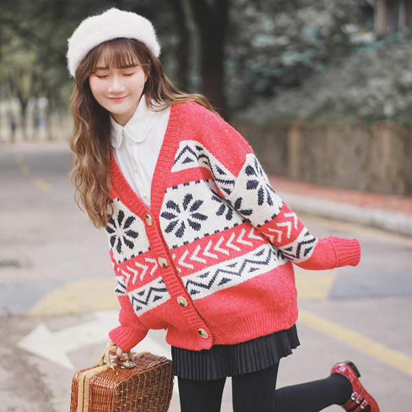 CARDIGAN เสื้อคลุมไหมพรมคอวี ผ้าหนานุ่มถักลายวินเทจ (12270B)