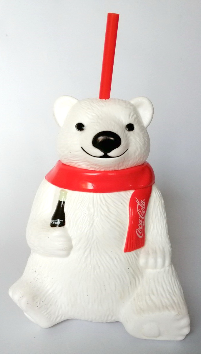 แก้วน้้ำ coca cola โคคา โคล่า โค้ก ของ SF มาสคอต หมีขาว ขนาดความสูง 1ฟุตรวมหลอด สามารถถอดส่วนหัวเติมน้ำได้ สภาพดีเก่าเก็บ สภาพงานสะสม