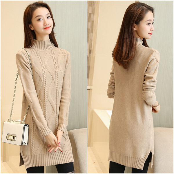 เดรสคอเต่ากันหนาว ไหมพรมวูลหนานุ่มถักลาย (12067B)