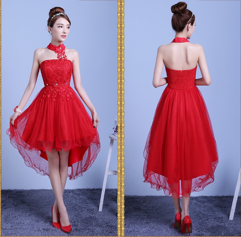 พร้อมส่ง ชุดราตรีสั้น เพื่อนเจ้าสาว สีแดง กระโปรงตาข่ายแบบเกาะอก หน้าสั้นหลังยาว พร้อมสร้อยคอลายลูกไม้ ถอดแยกได้ ซิปข้างลำตัว (จับสม๊อกด้านหลัง) **เหลือเฉพาะไซส์ใหญ่**