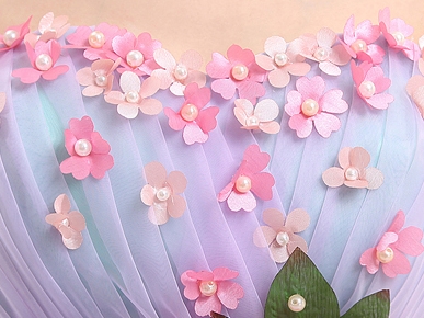 Pre-order ชุดแฟนซีสั้น เกาะอก แต่งดอกคาดเอว กระโปรงผ้าแก้ว เป็นชั้น ๆ พองฟู