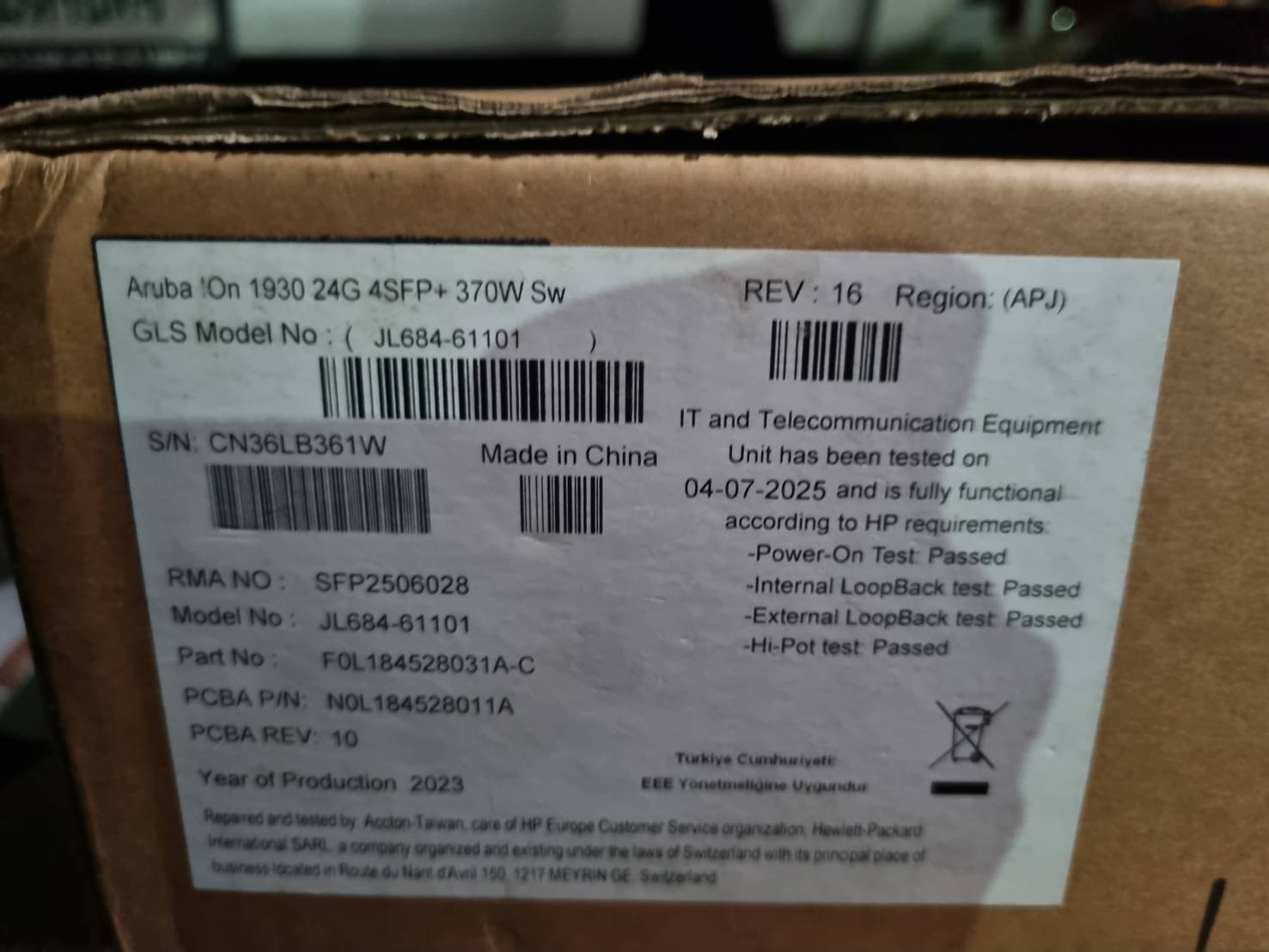 Aruba IOn 1930 24G 4SFP+ 370W Switch ของใหม่ มี 3 ตัว