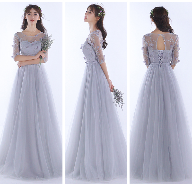 Pre-order ชุดเพื่อนเจ้าสาว สีเทา กระโปรงตาข่าย เชือกผูกหลัง