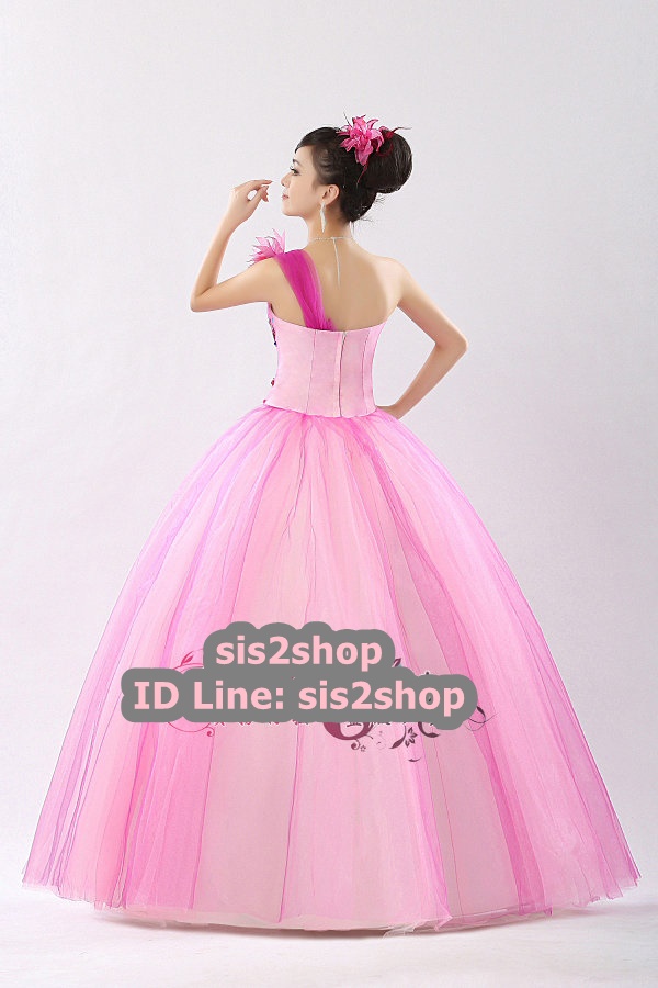 พร้อมเช่า ชุดแฟนซี ชุดราตรียาว สีชมพูหวาน เกาะอก ไหล่เดียว ปักเลื่อมสีอัญมณี ซิปหลัง