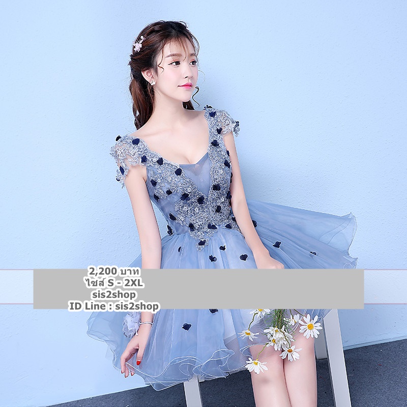 Pre-orderชุดแฟนซีชุดราตรีสั้นระบายแขนกระโปรงพองสวยเชือกผูกหลัง